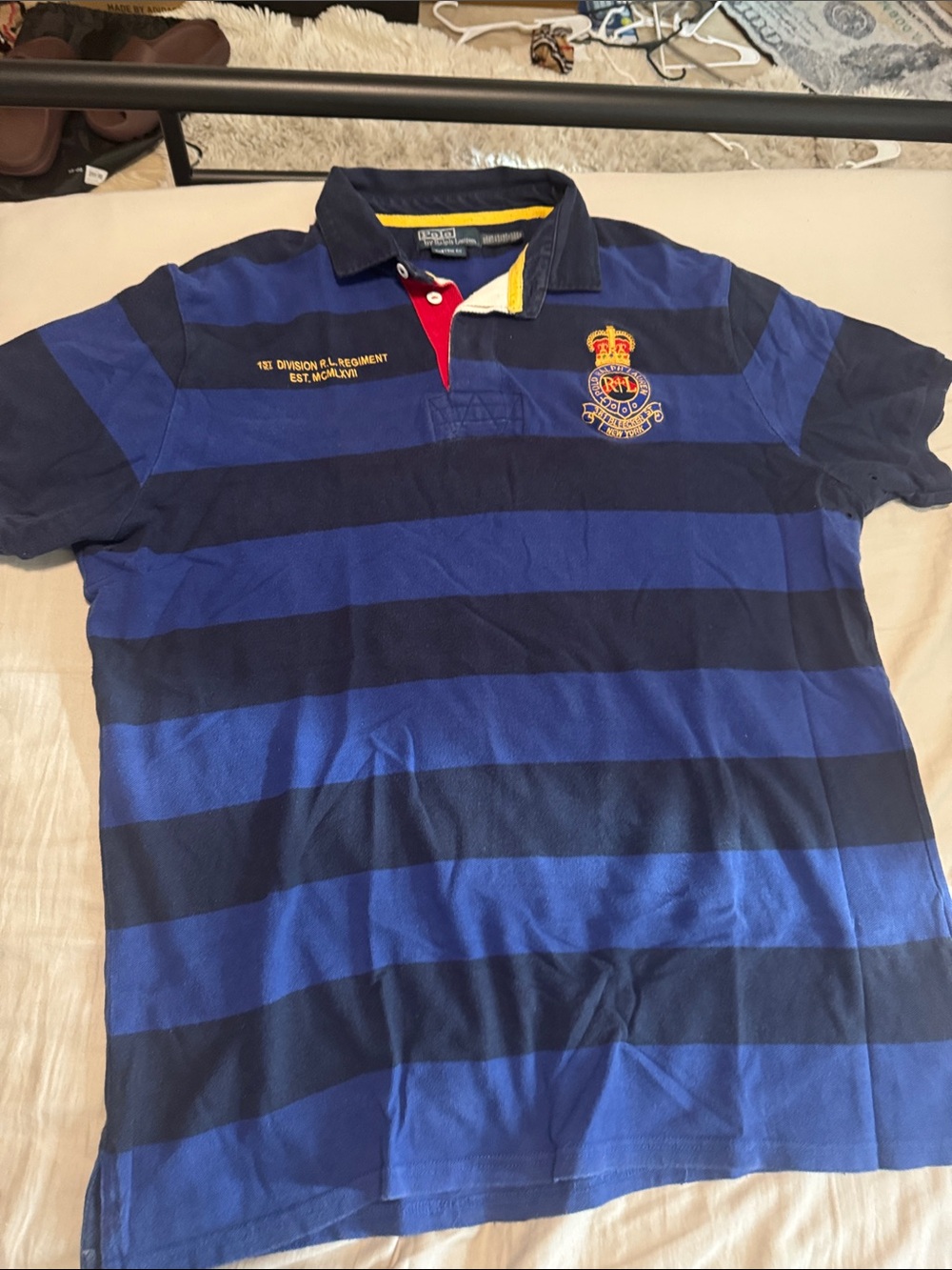 Polo by Ralph Lauren Blue and Navy Striped Rugby Polo with Red Placket